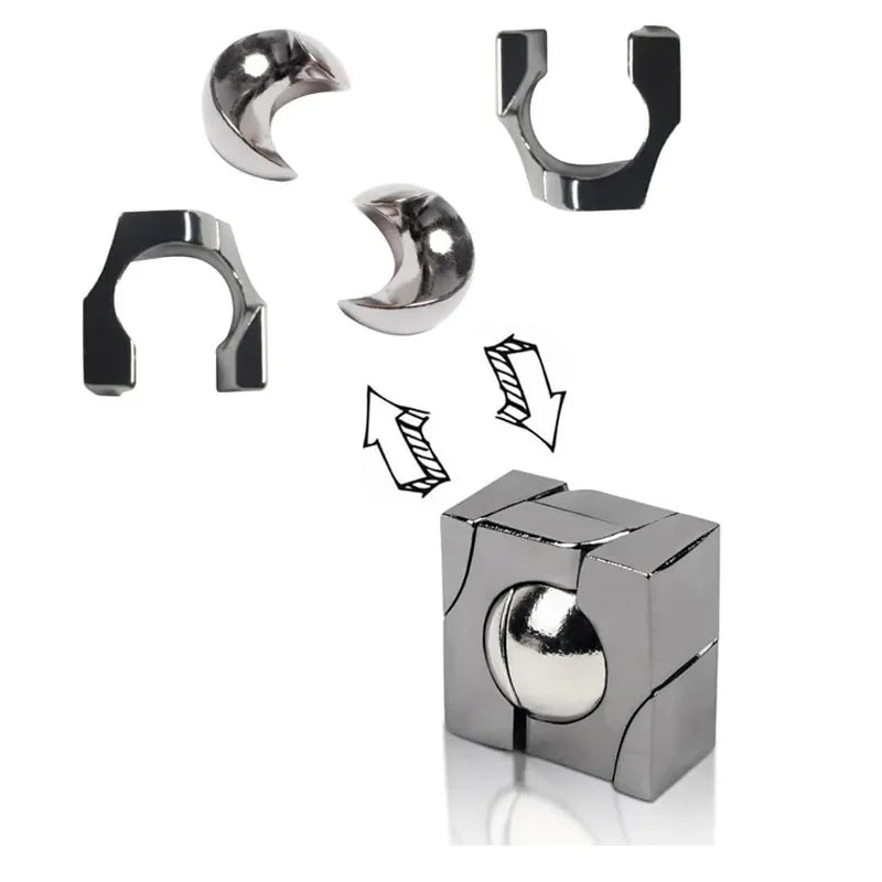 Metal ball-in-box brain teaser puzzle with disassembled parts