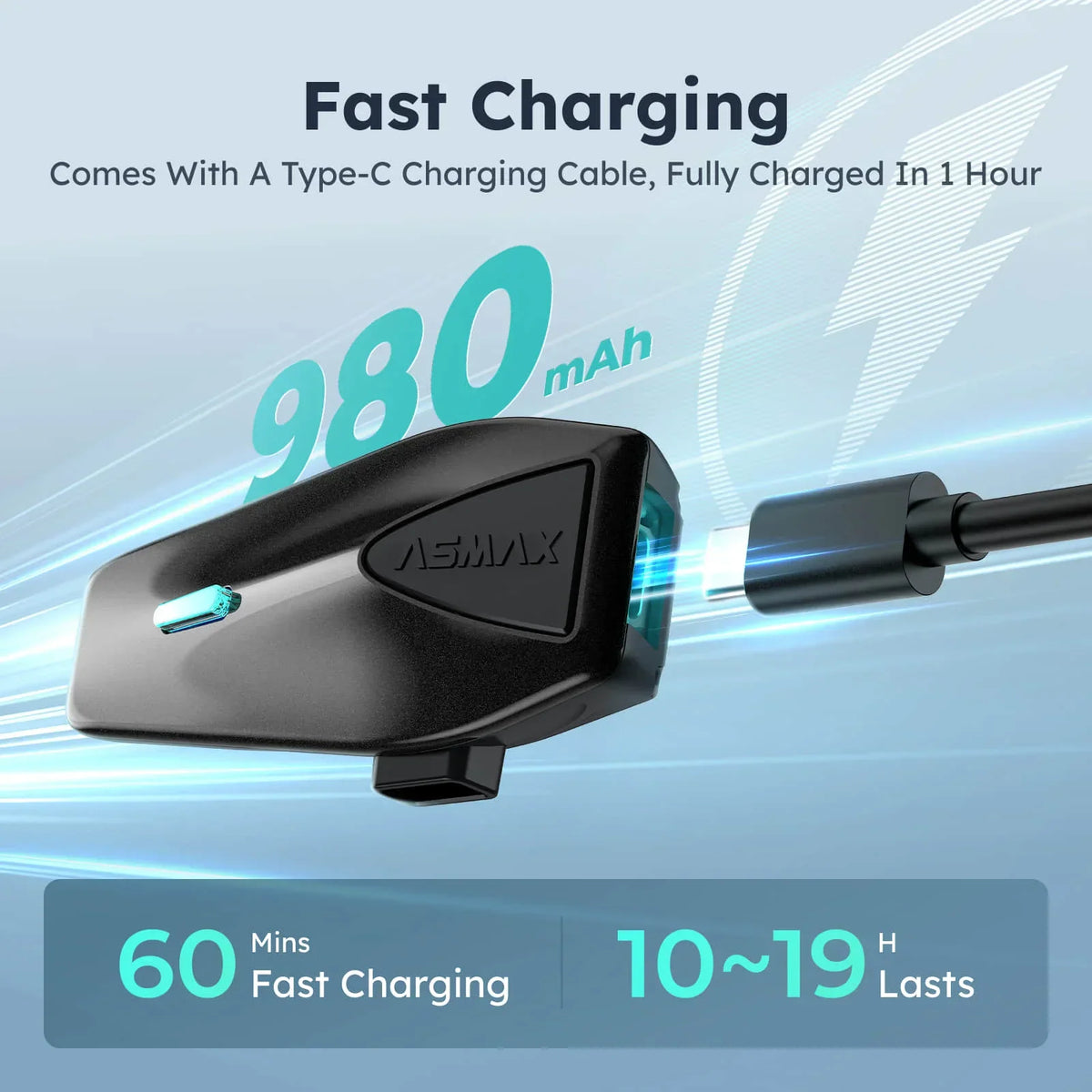 Motorcycle intercom unit charging with a USB-C cable showing battery and charging time specs
