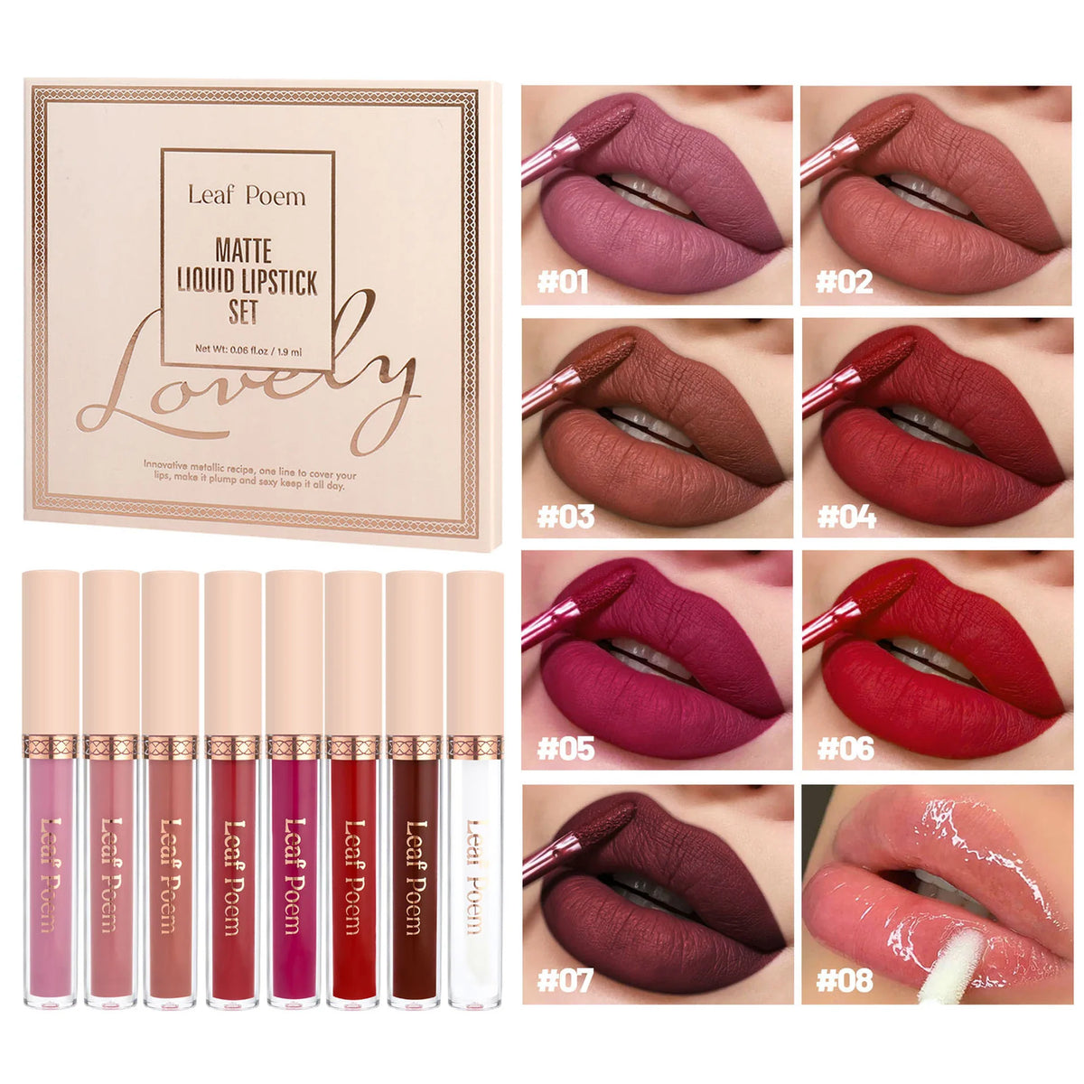 A set of eight liquid lipsticks with swatches showing various matte and glossy shades on lips.