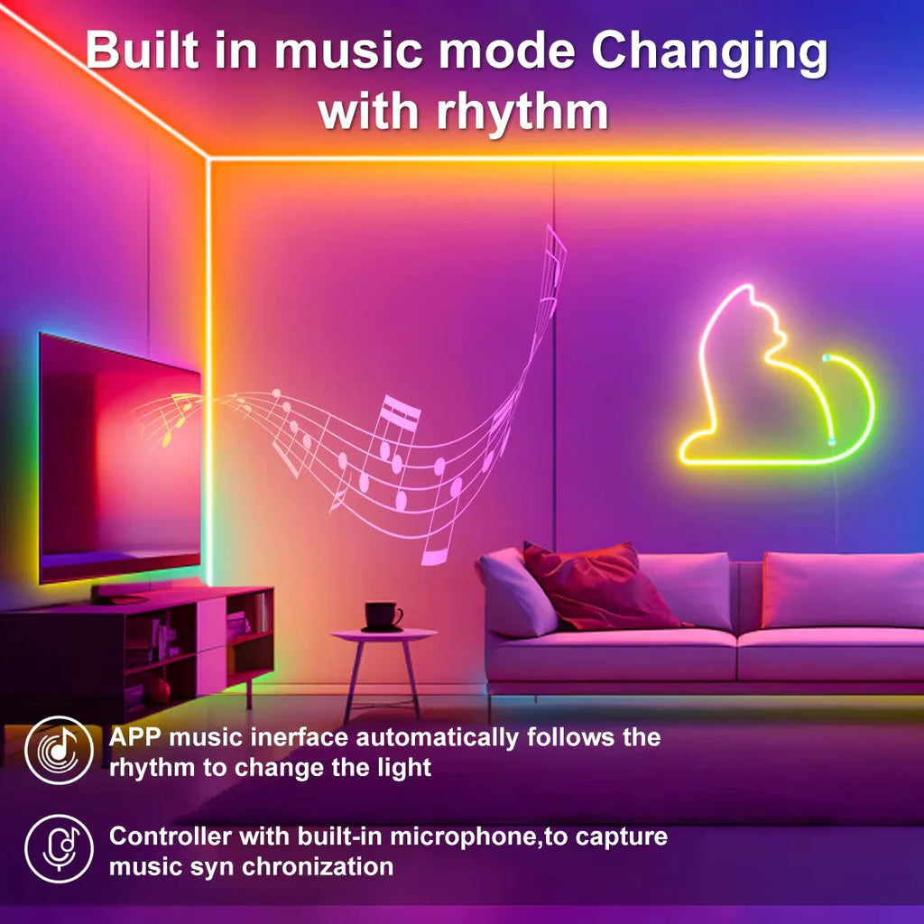 RGB neon LED strip light installed behind a TV and on walls, synchronizing with music in a modern room