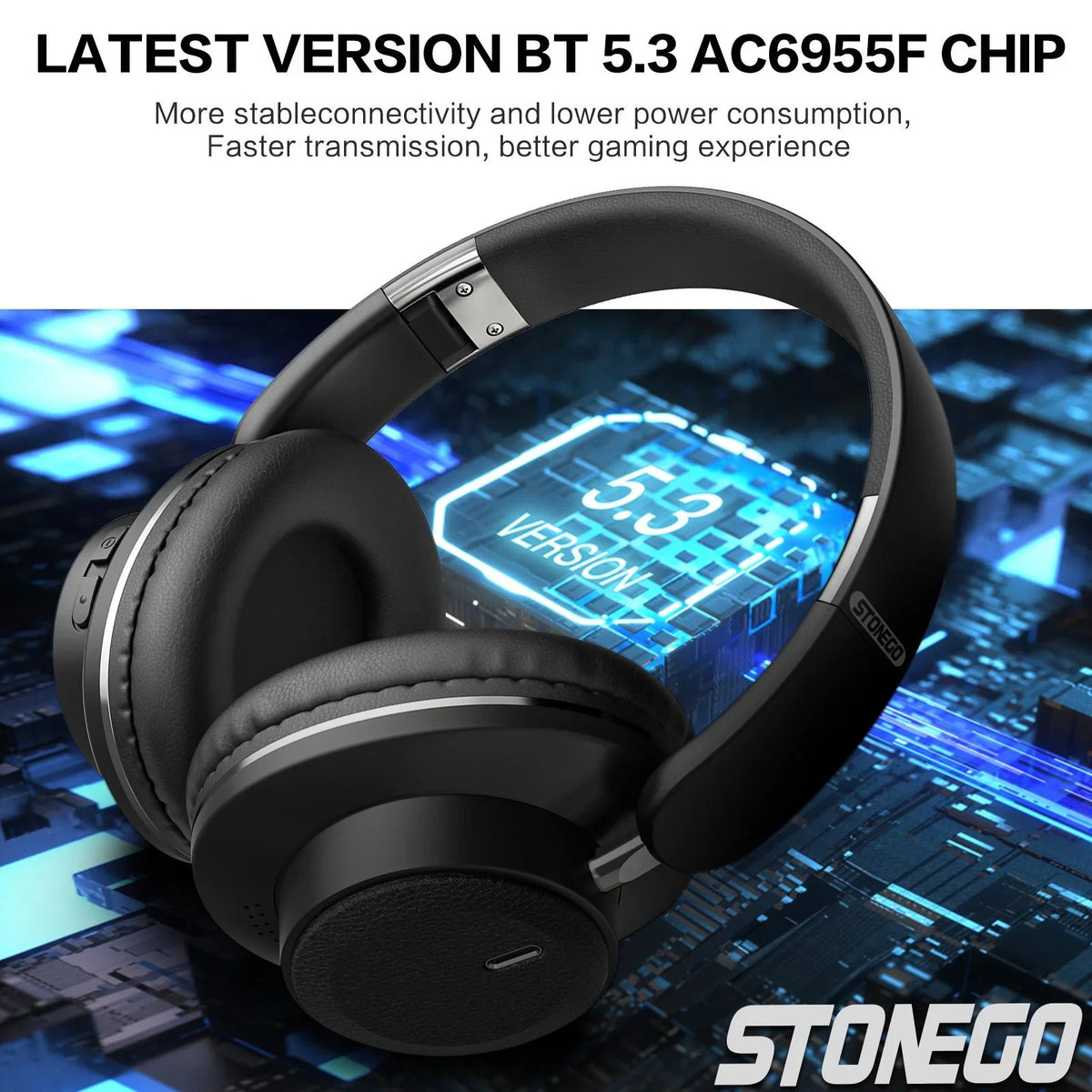 Black wireless headphones overlaid on a digital circuit background with text about Bluetooth chip specifications