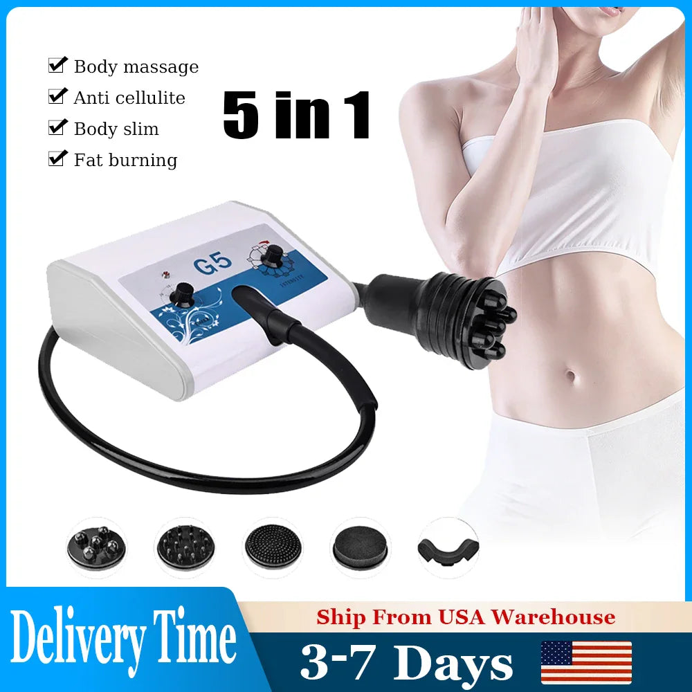 Vibrating body massage machine with multiple heads and demonstration of body use