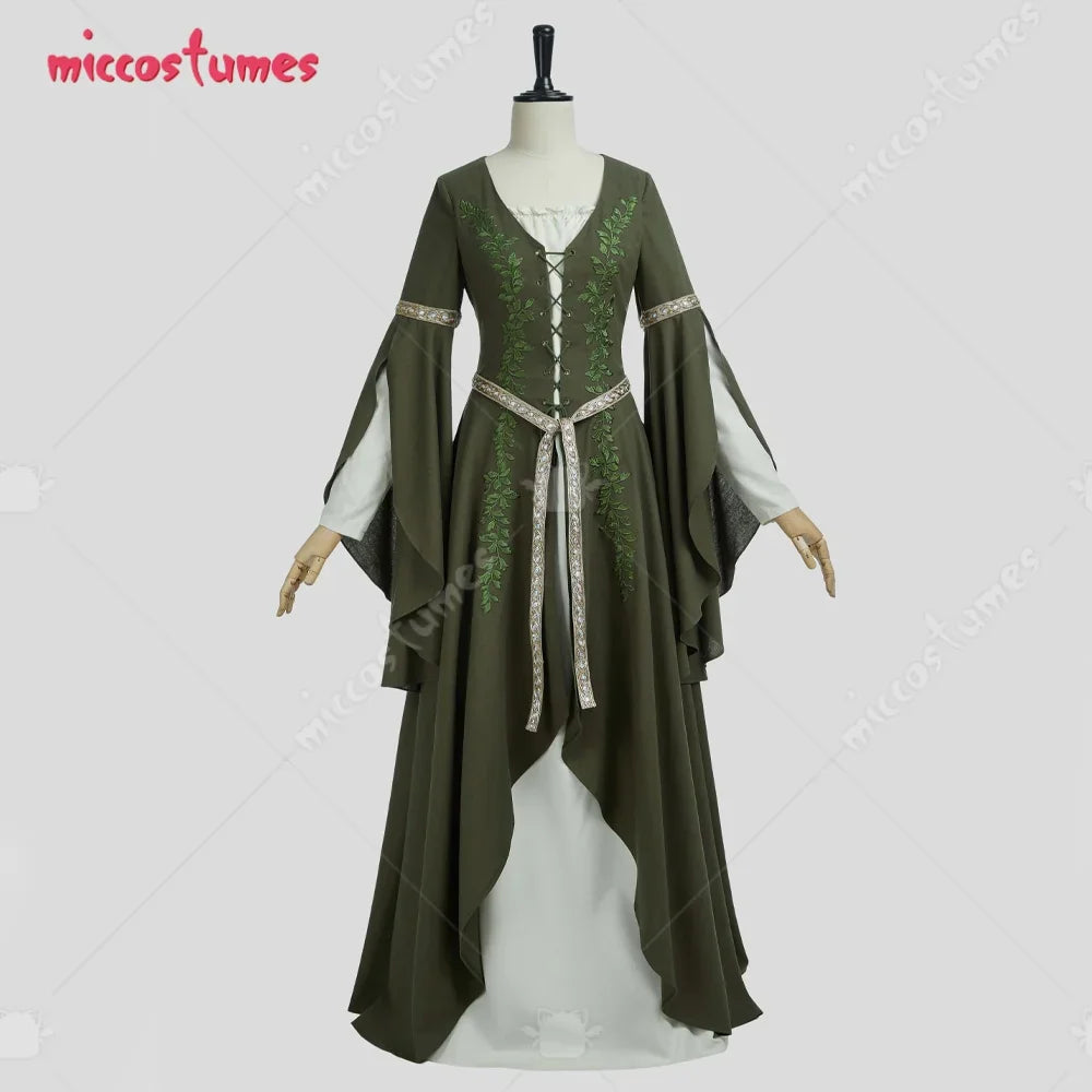 Front view of an olive green medieval renaissance fairy cosplay dress with decorative belt