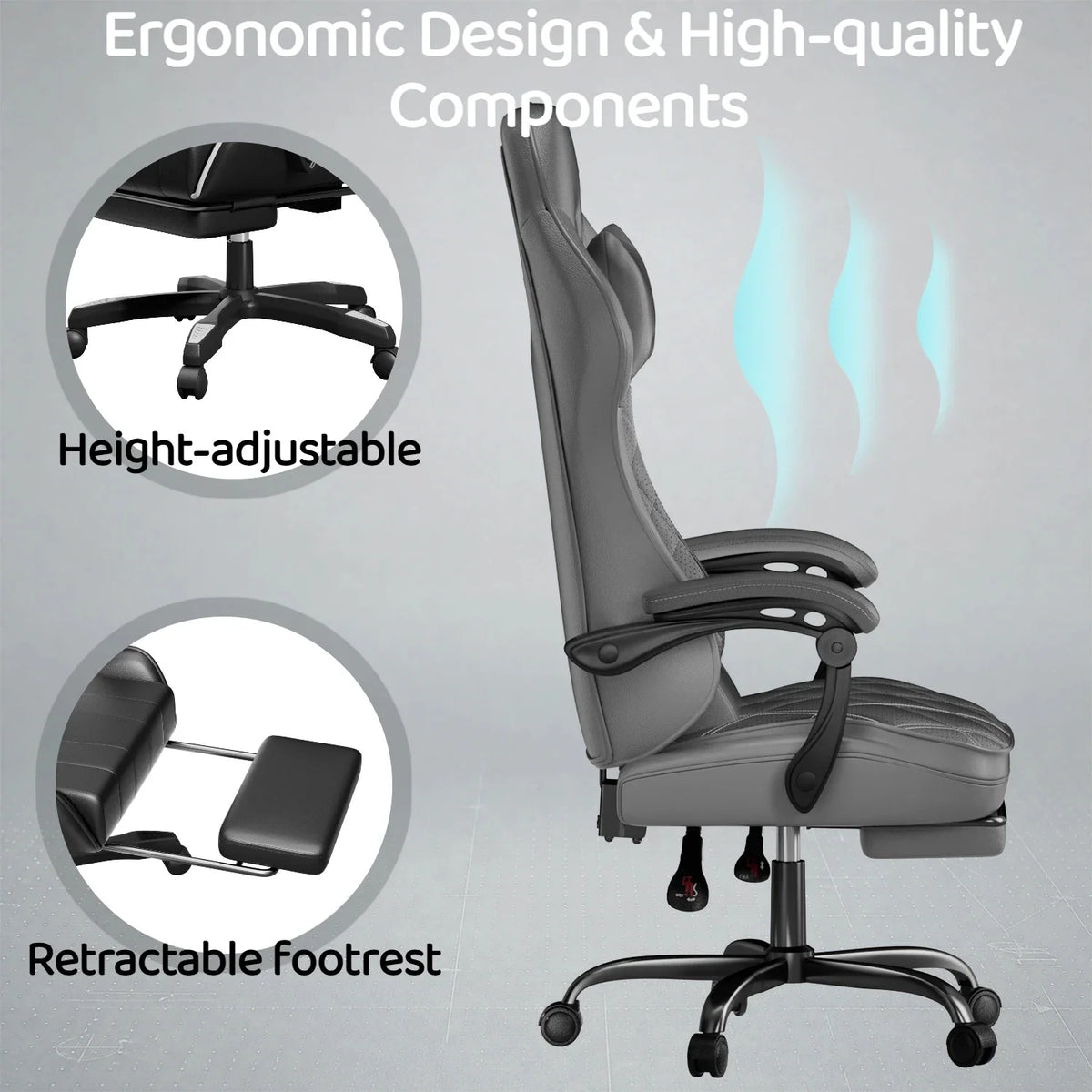 Diagram highlighting height adjustable base and retractable footrest of a black ergonomic chair