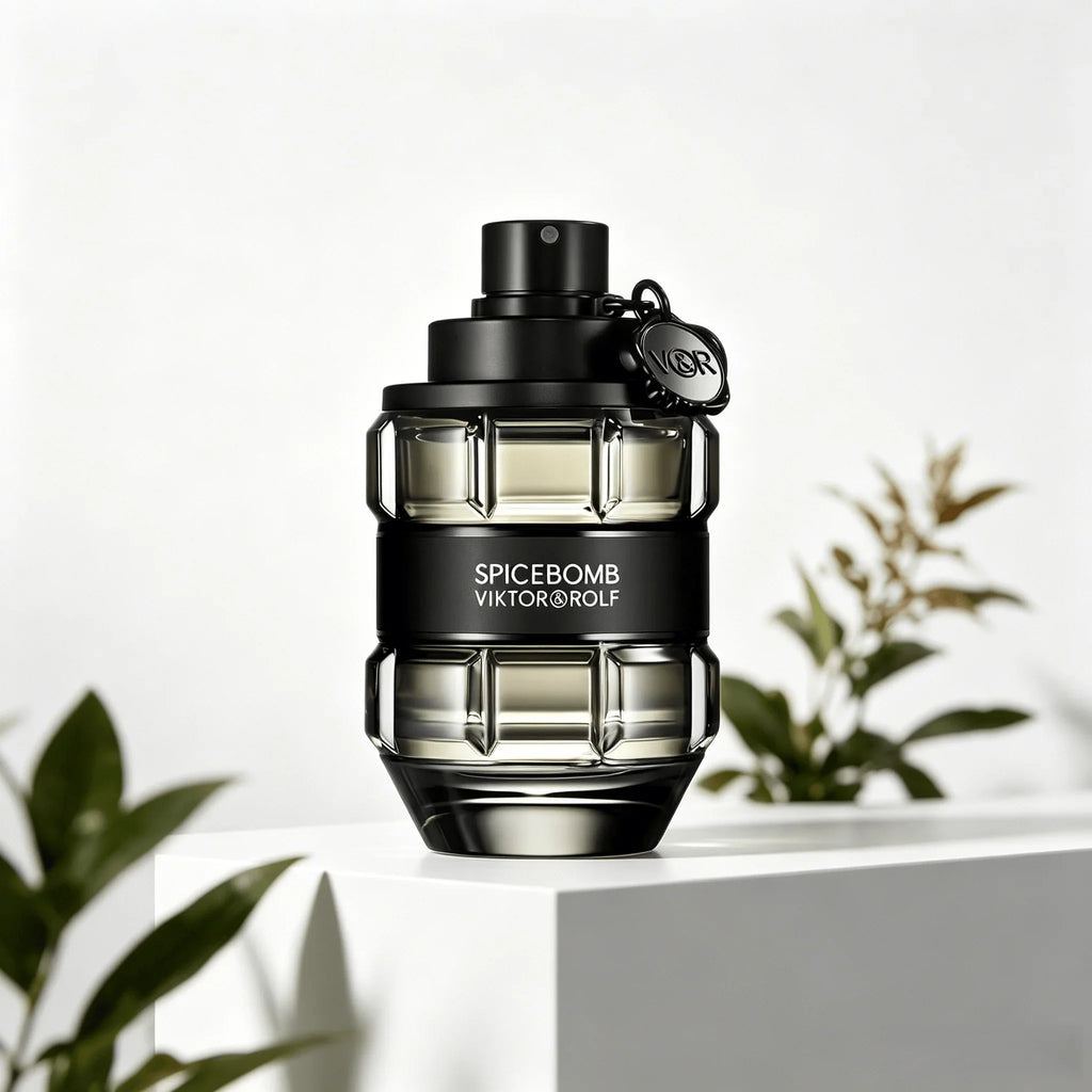 A glass perfume bottle shaped like a grenade, in a transparent black finish with a black band, on a white pedestal with