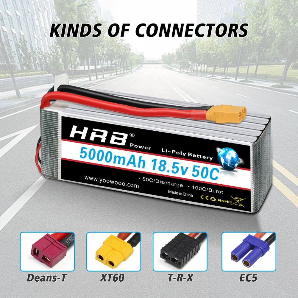 5000mAh 18.5V 5S Li-poly RC battery with various connector types displayed
