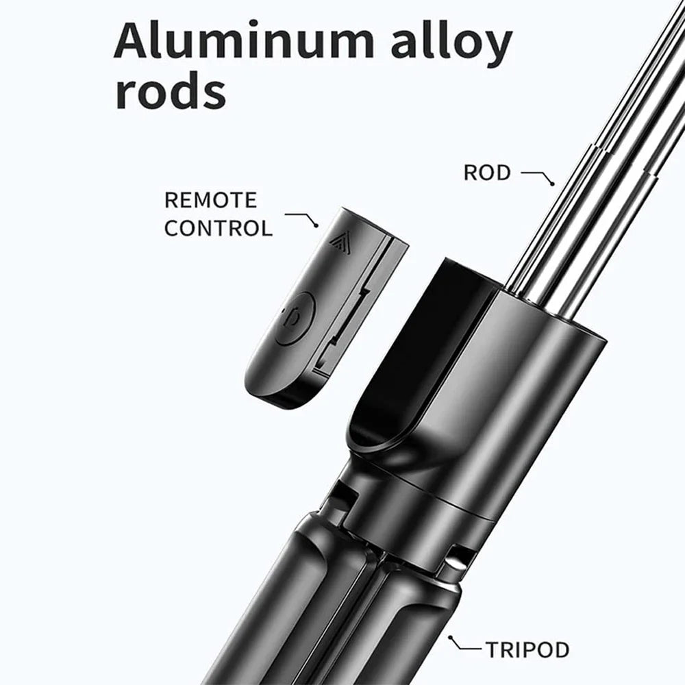 Black wireless selfie stick tripod in tripod mode with a mounted smartphone – view 4