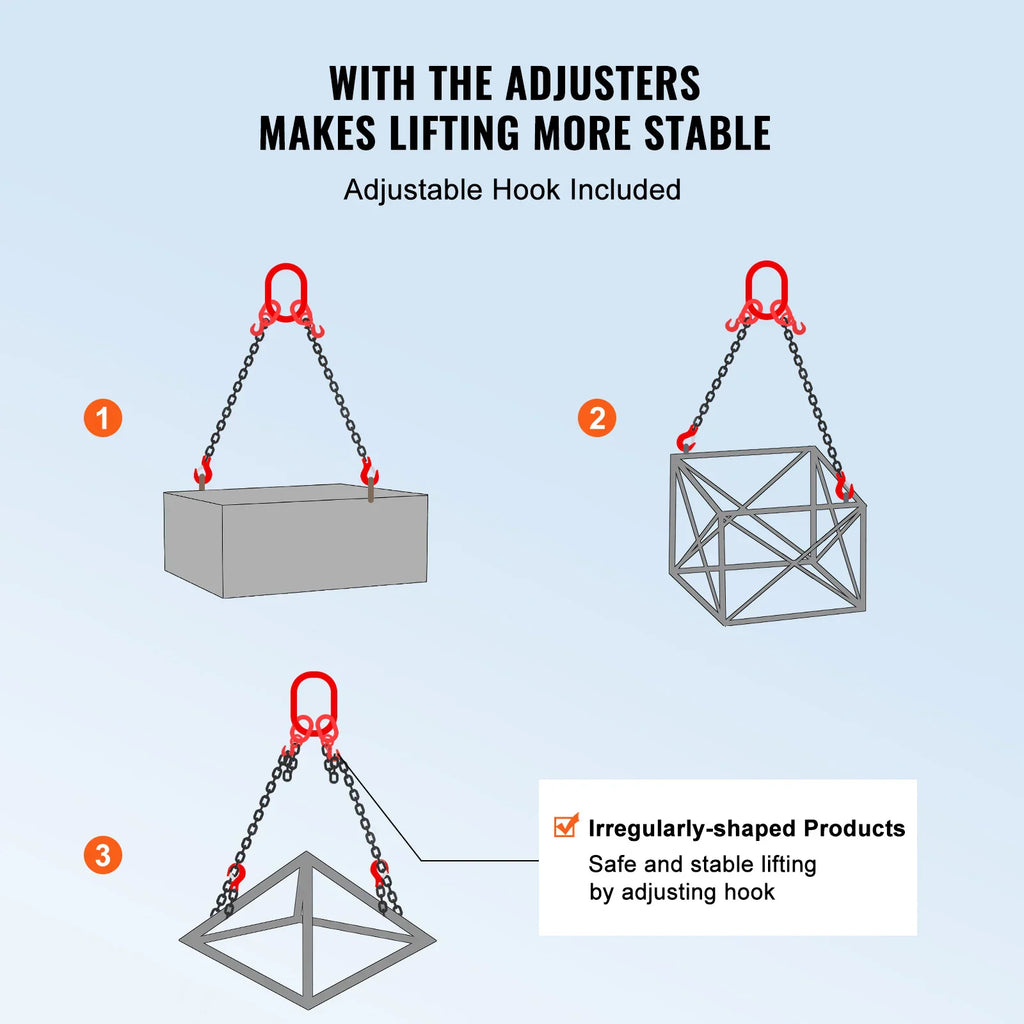 Diagram showing three different methods of using an adjustable two-leg chain sling for lifting objects
