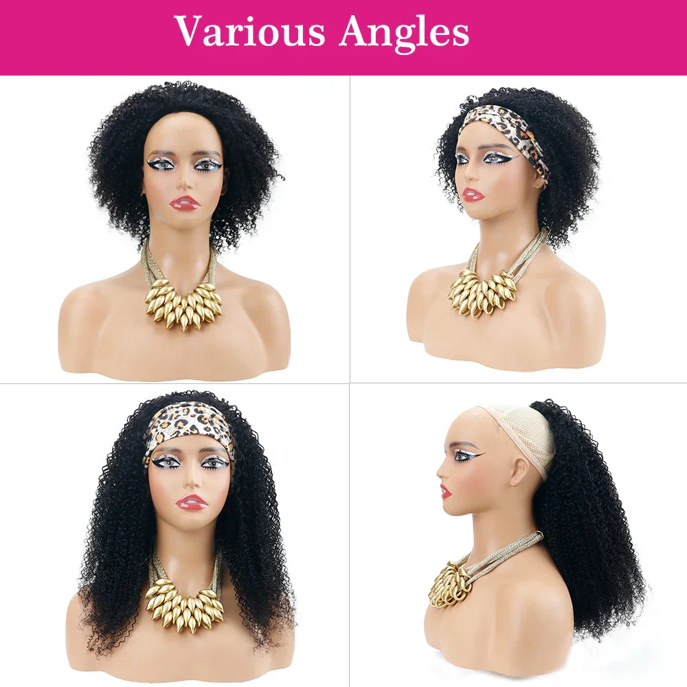Mannequin wearing a kinky curly wig with various headband styles