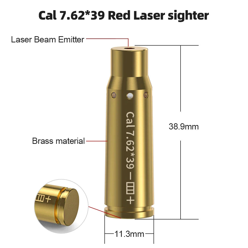 A brass bullet-shaped red laser sighter tool with dimension labels and callouts