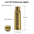 A brass bullet-shaped red laser sighter tool with dimension labels and callouts