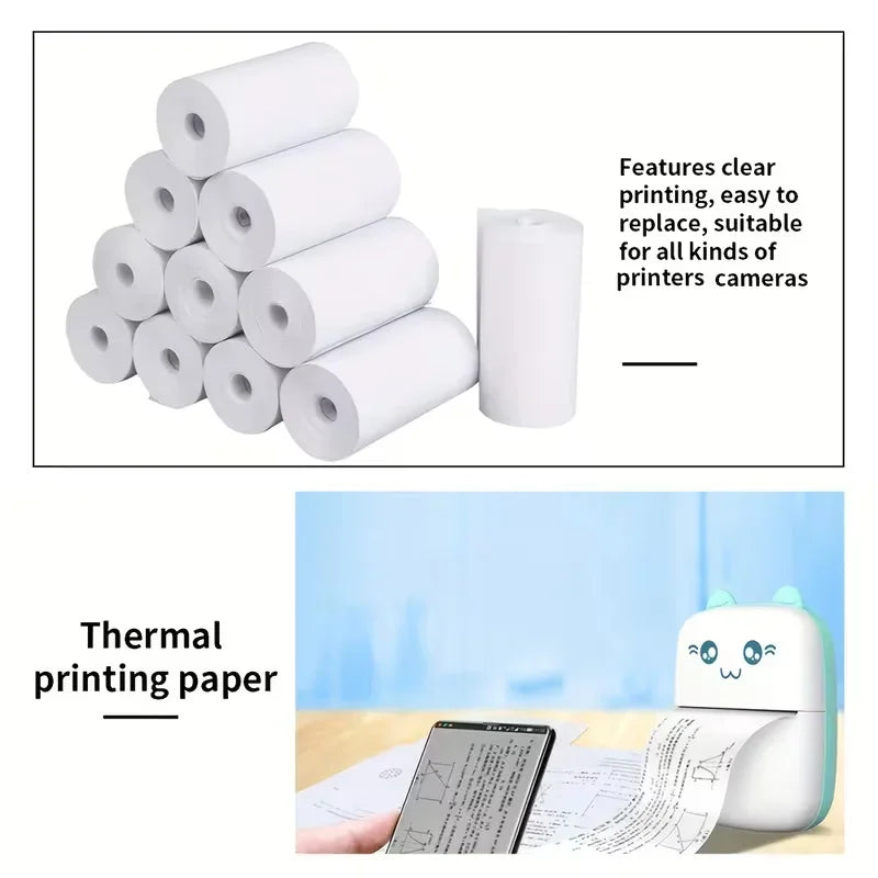 Stack of thermal paper rolls and a childs mini thermal printer printing an image