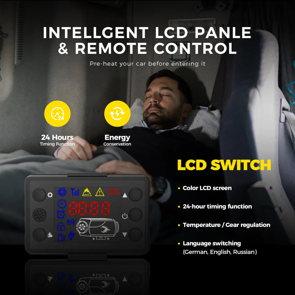 Diesel air heater control panel and remote settings with an sleeping man in the background