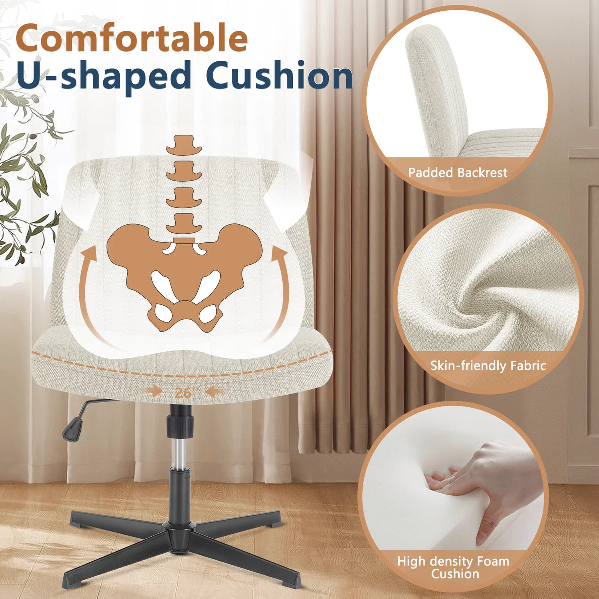Beige armless desk chair highlighting U-shaped cushion, padded backrest, soft fabric, and foam density