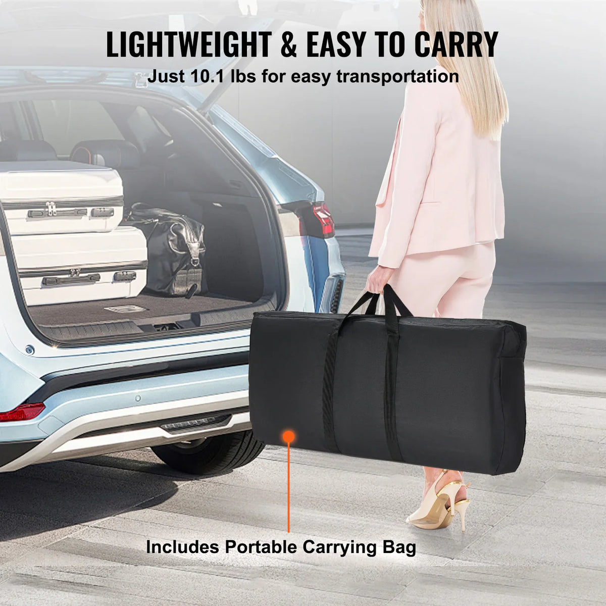Portable folding bar table in a carrying bag being transported by a person