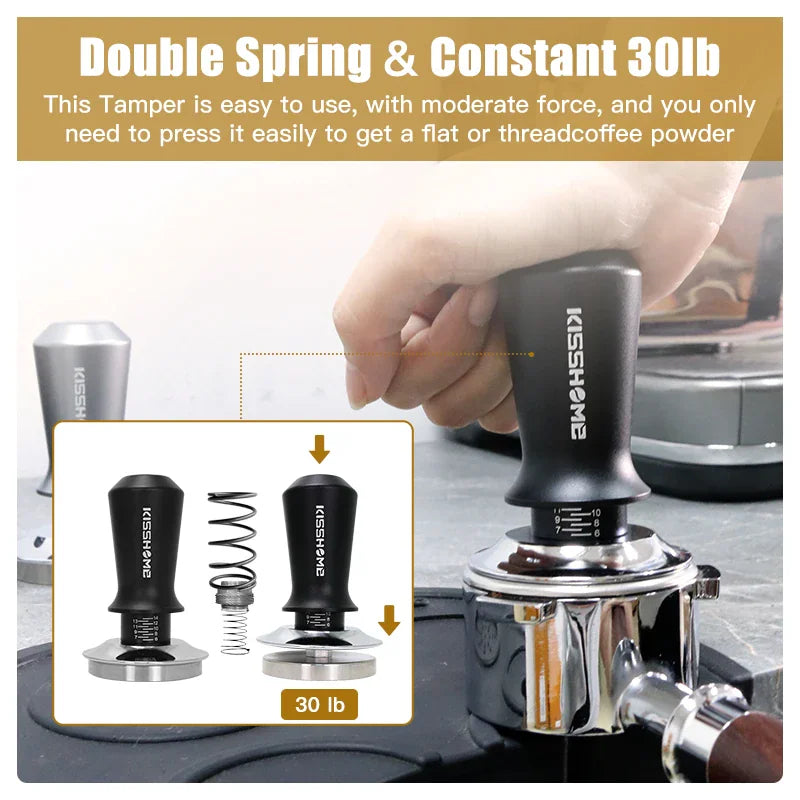 Hand pressing a calibrated coffee tamper onto a portafilter filled with coffee grounds
