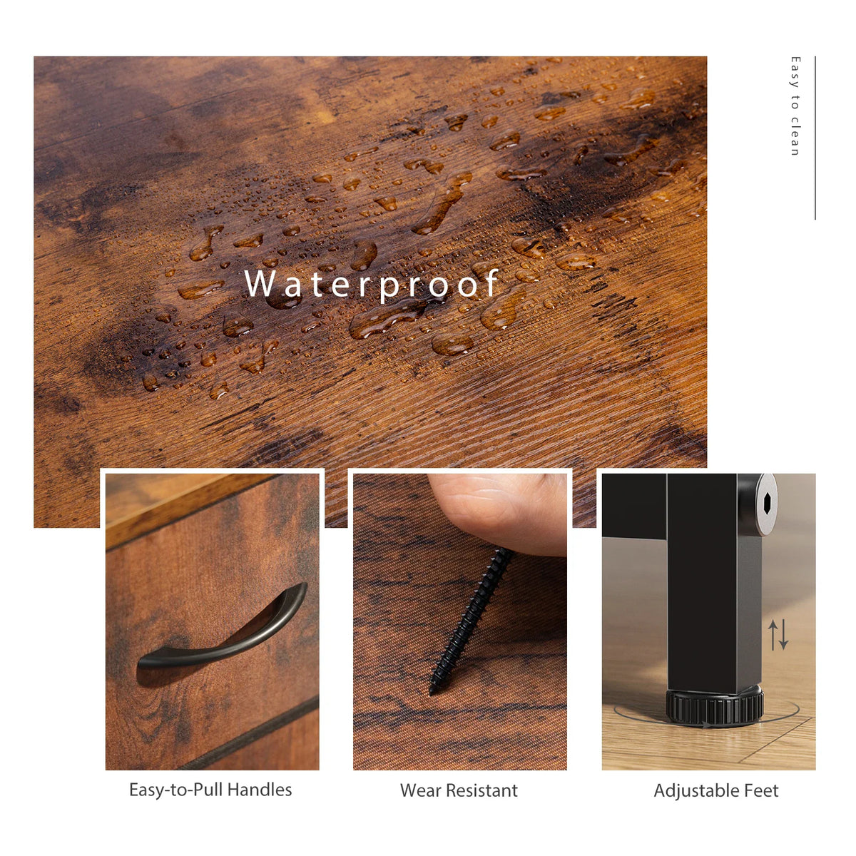 Close-up features of a rustic wood cabinet showing waterproof surface, metal handles, and adjustable feet.