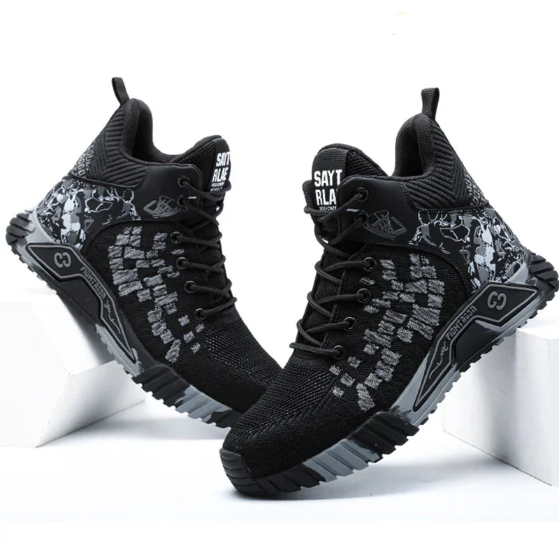 Pair of black camouflage pattern steel toe safety work boots