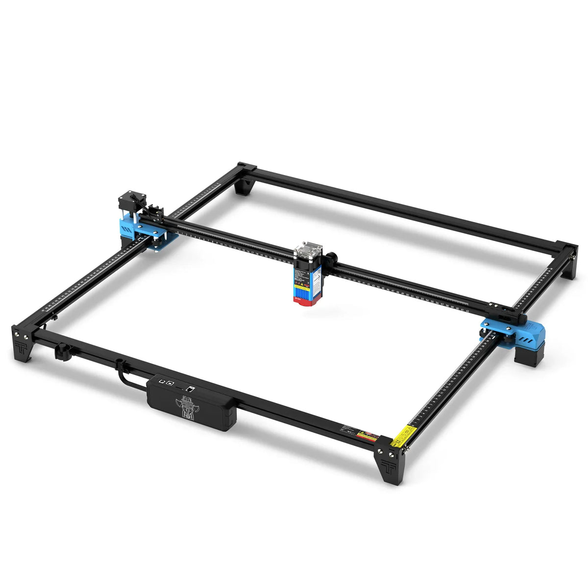 Assembled desktop laser engraver with black frame and blue accents