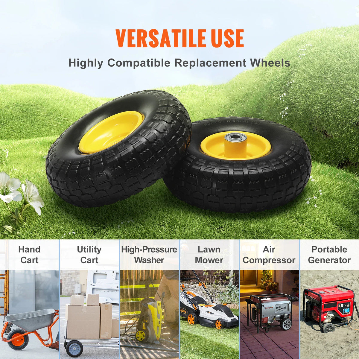 Versatile replacement wheels shown with various equipment like carts, mowers, and generators