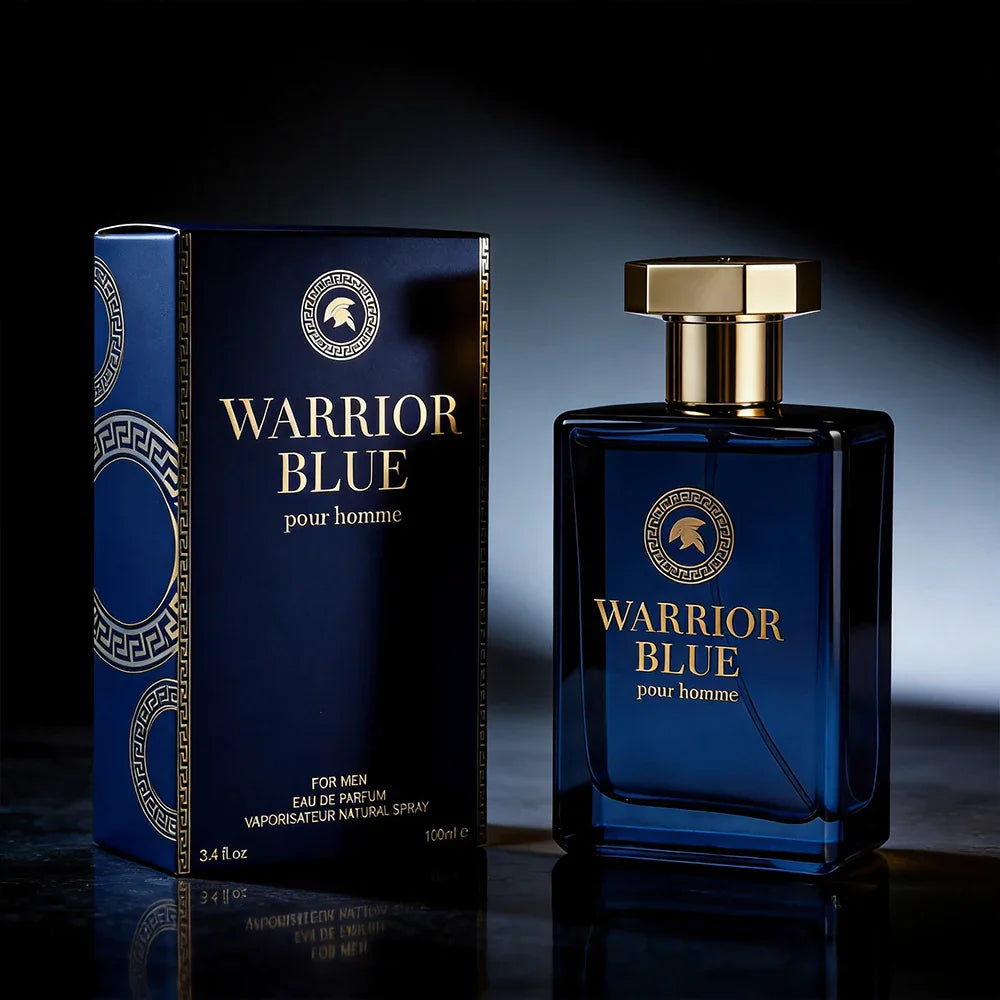 Blue rectangular glass perfume bottle with gold cap and matching blue box