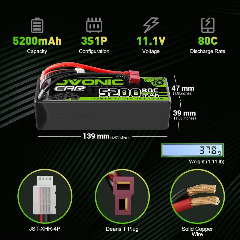 LiPo battery technical specifications, dimensions, weight, and connector details