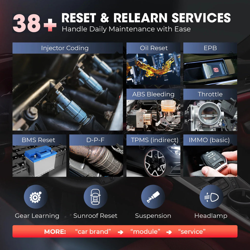 Automotive diagnostic tool display showing multiple reset and relearn service functions for vehicle maintenance.