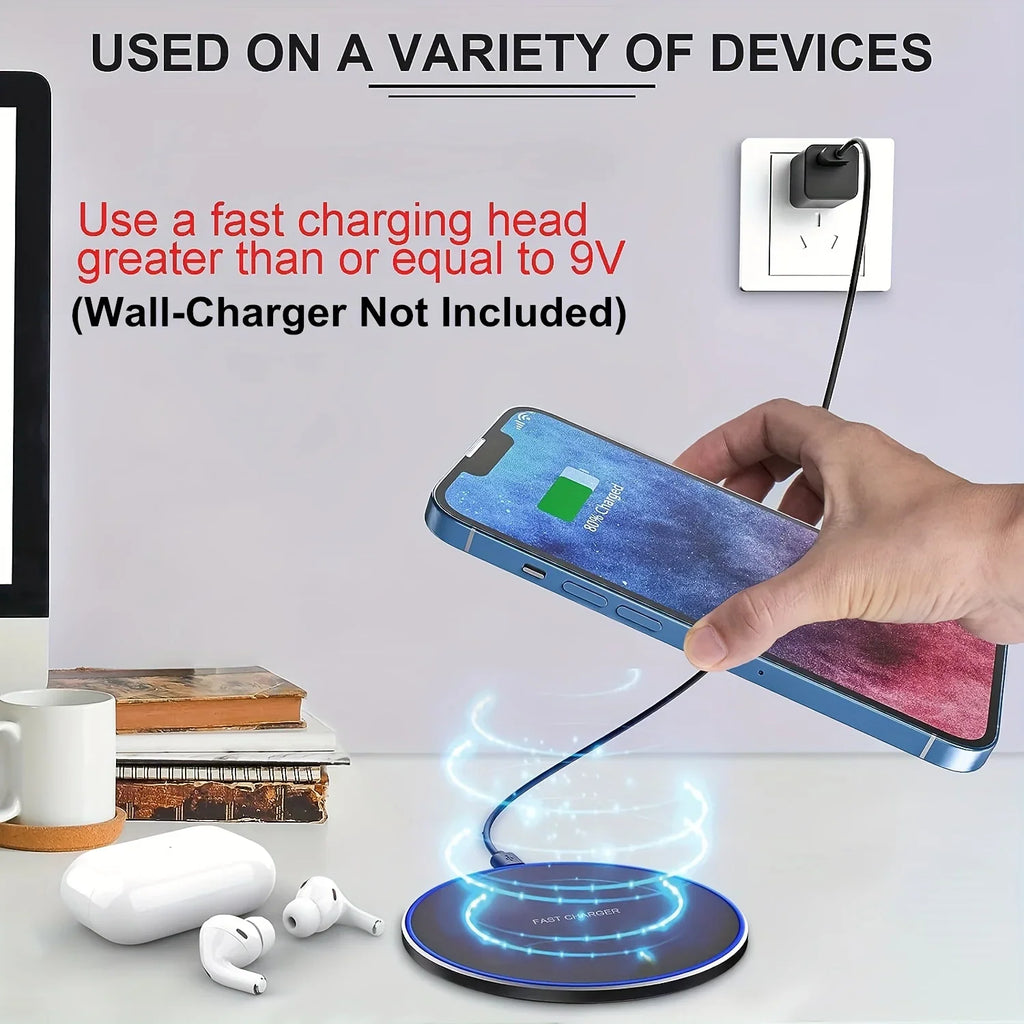 Wireless charging pad demonstrating charging functionality with a smartphone and earbuds