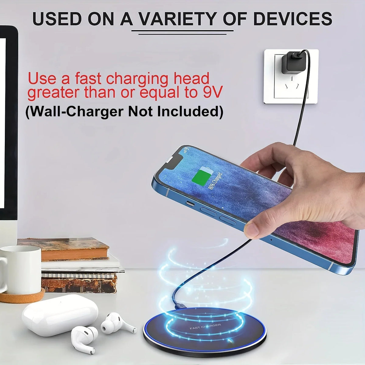 Wireless charging pad demonstrating charging functionality with a smartphone and earbuds