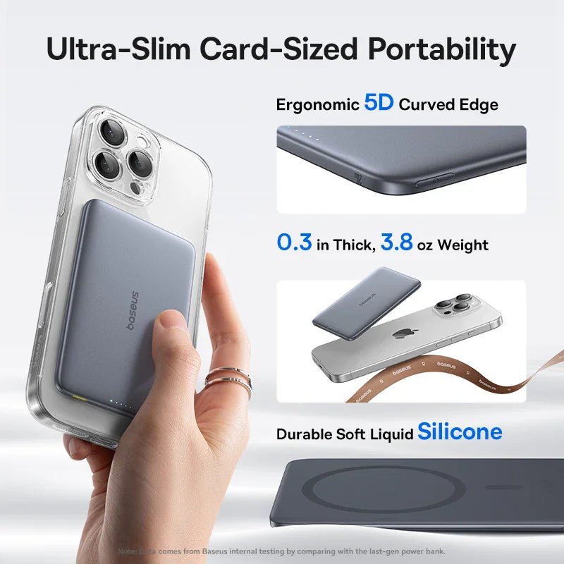 Slim magnetic power bank attached to a smartphone, showing slim profile, curved edges, and soft material.