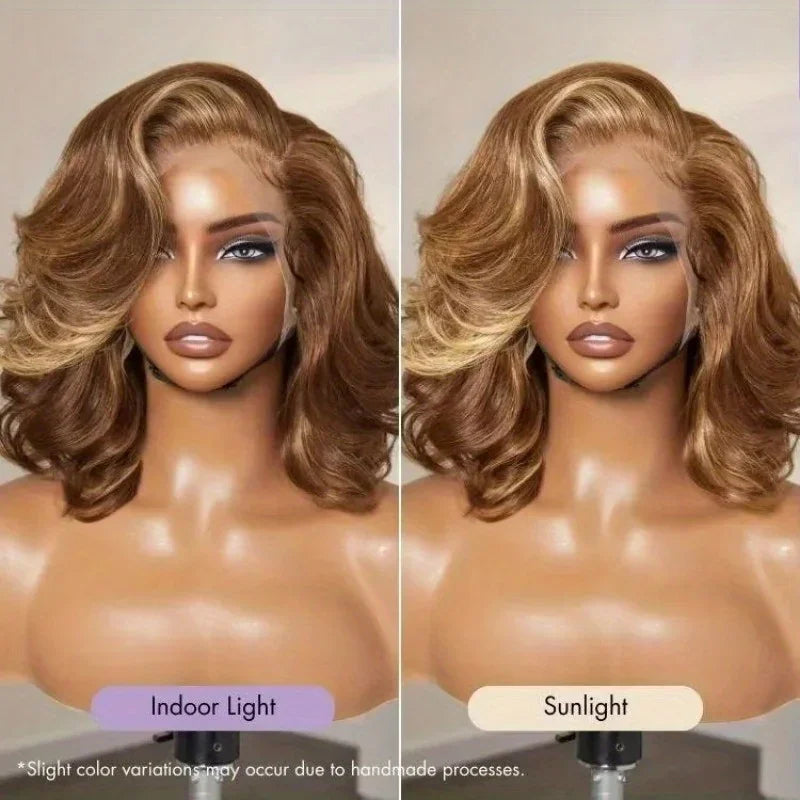 Wavy human hair wig shown in indoor and outdoor lighting on a mannequin