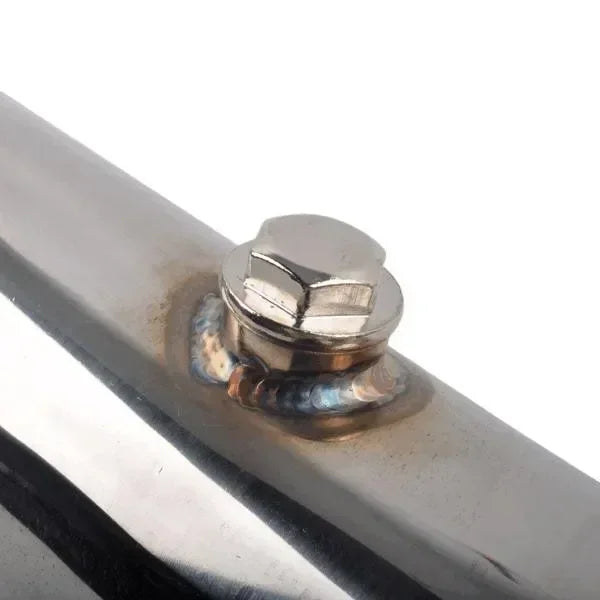 Close-up of a bolted connection on a stainless steel vehicle exhaust pipe