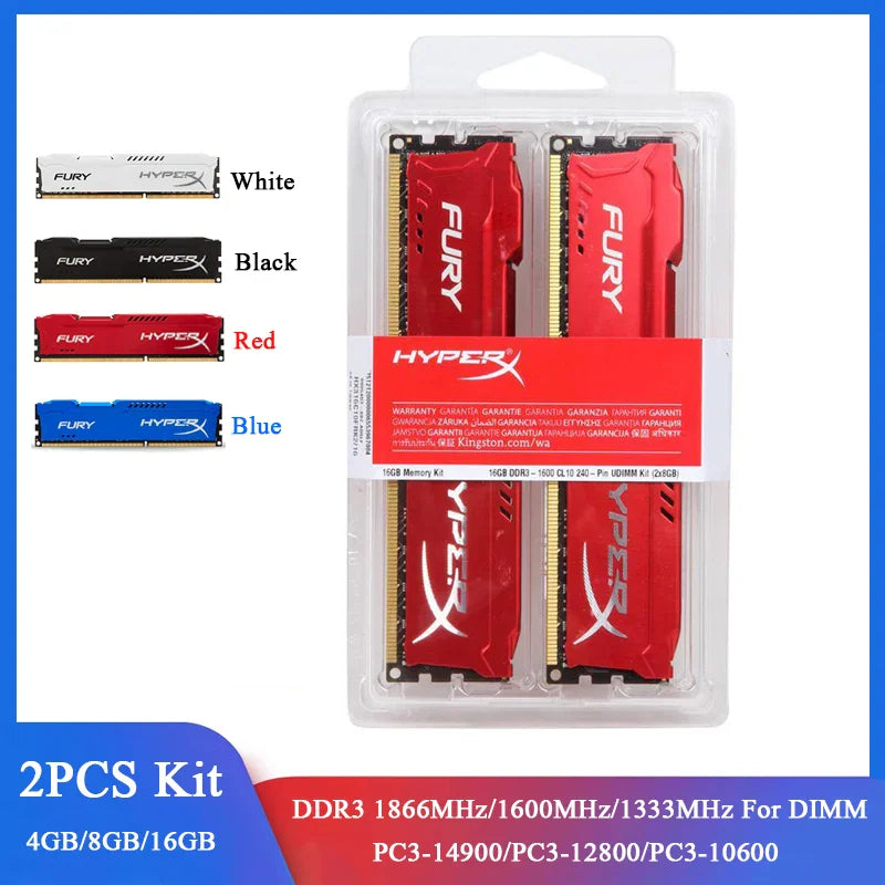DDR3 desktop RAM memory modules in white, black, red, and blue with product specifications