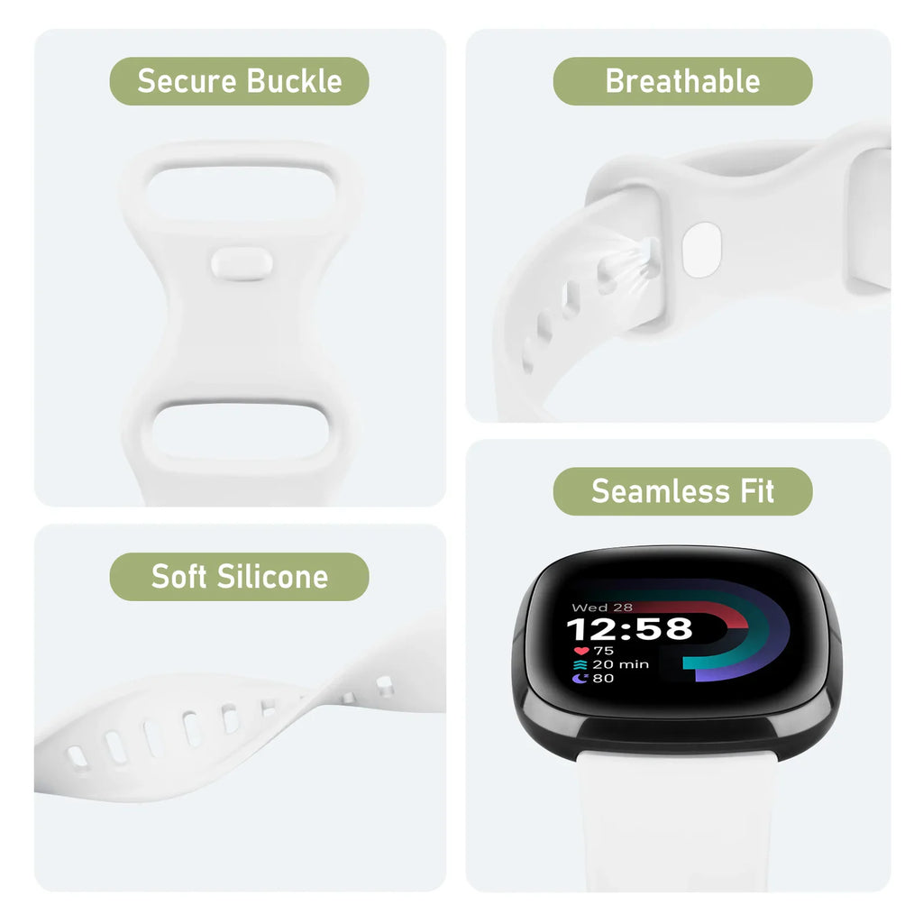 Features of a silicone watch band, highlighting its secure buckle, breathability, and soft material.