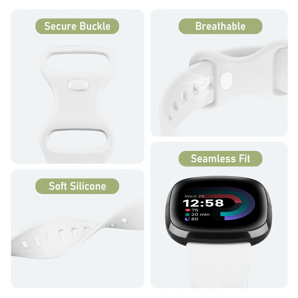 Features of a silicone watch band, highlighting its secure buckle, breathability, and soft material.