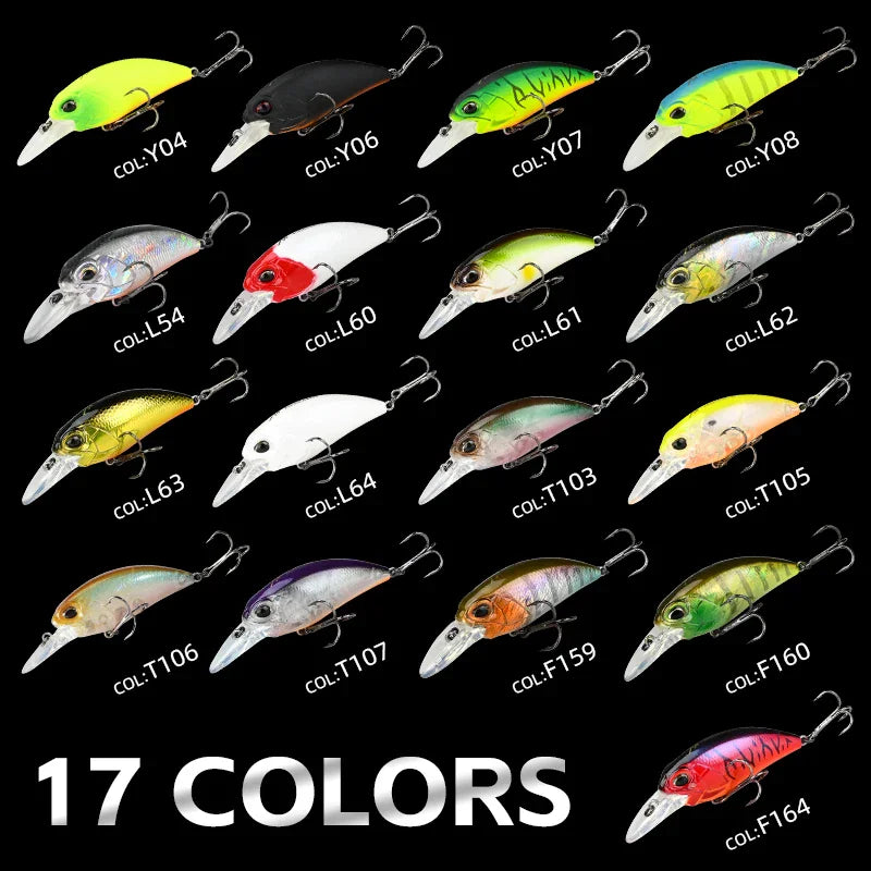 Seventeen different color variations of hard plastic fishing lures