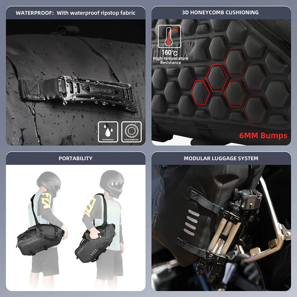 Product feature display showing waterproof material, cushion backing, portability, and mounting system