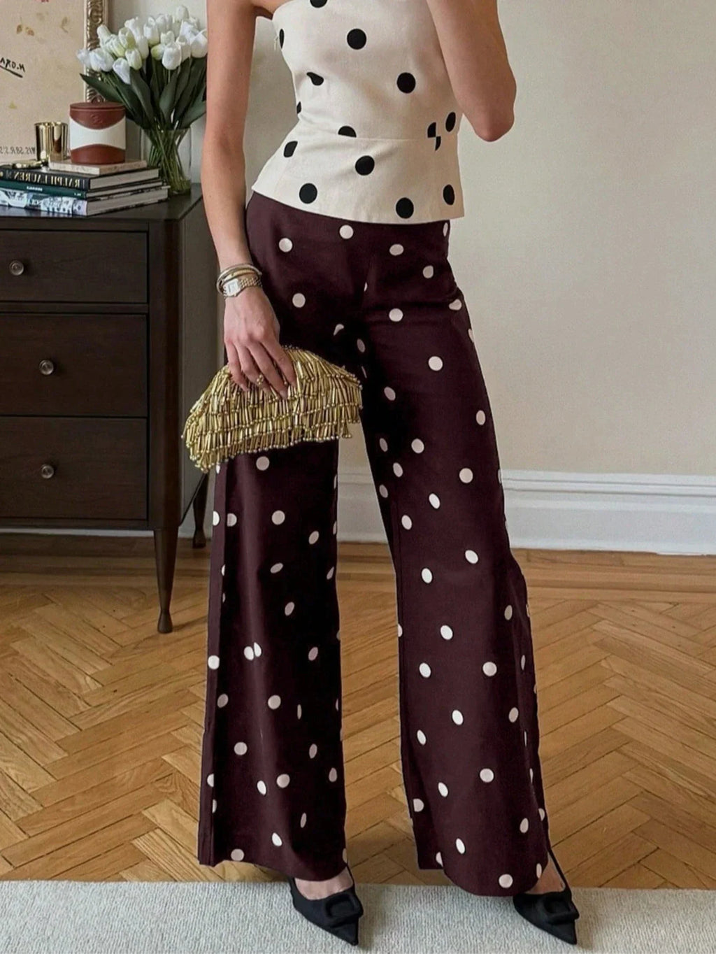 High-waisted brown polka dot wide-leg trousers