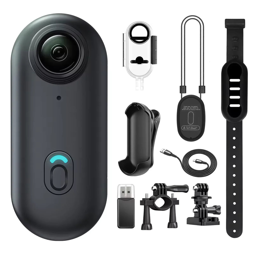 Black mini action camera with various accessories, including mounts, cables, and a wrist strap