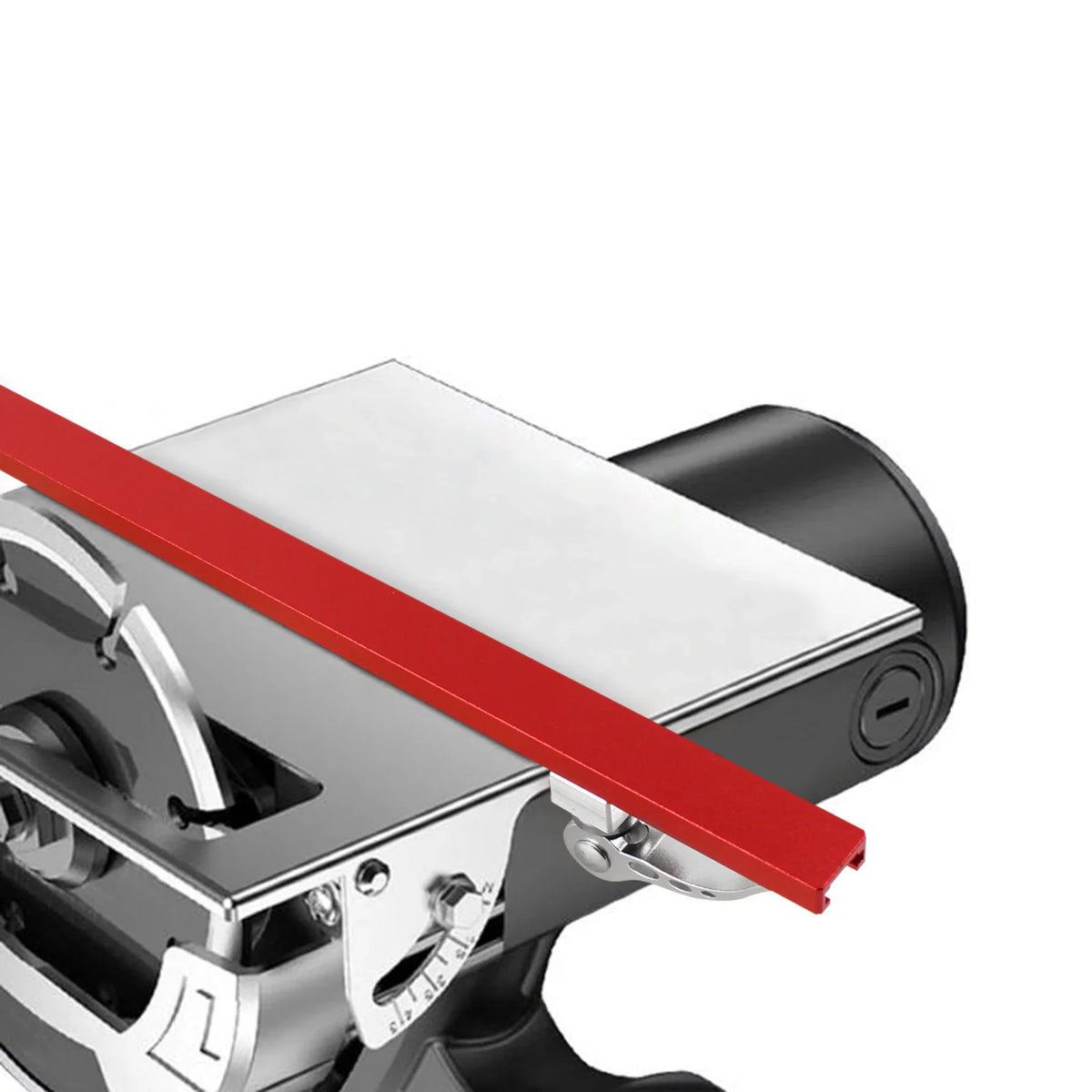 Close up of a circular saw base attached to a red guide rail