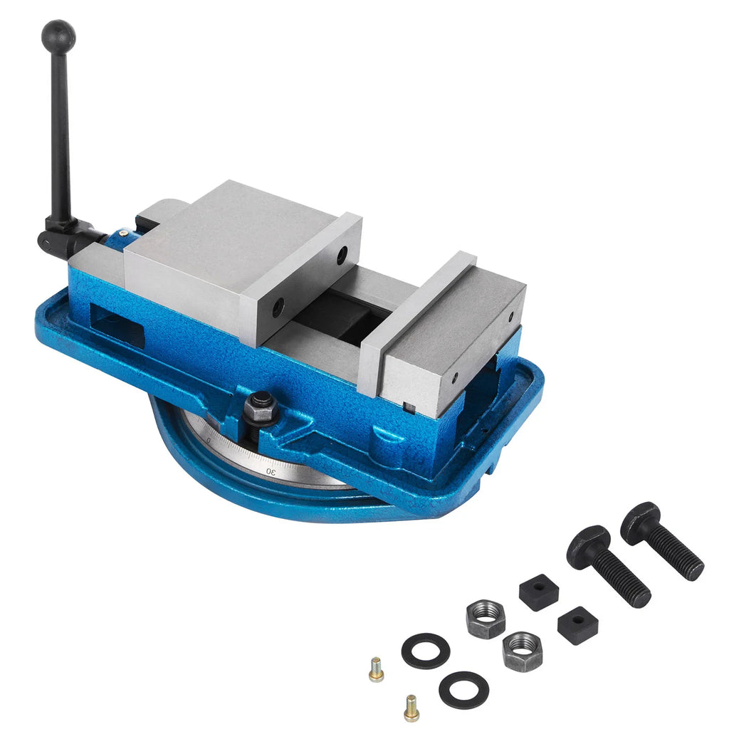 Blue bench milling vise with steel jaws and accompanying bolts and nuts