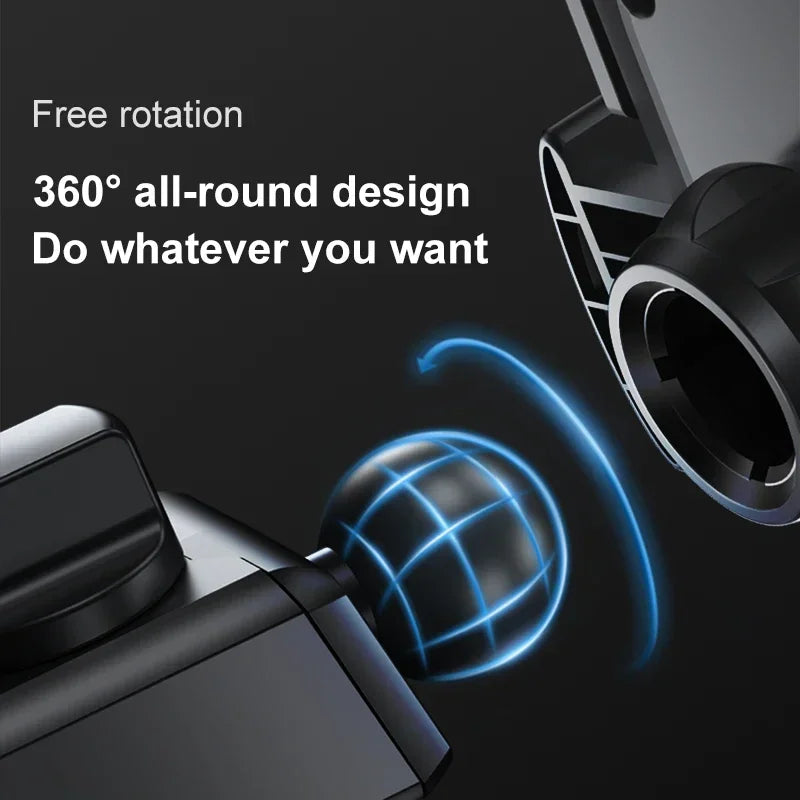 A close-up of the ball joint mechanism of a car phone holder showing 360-degree rotation.