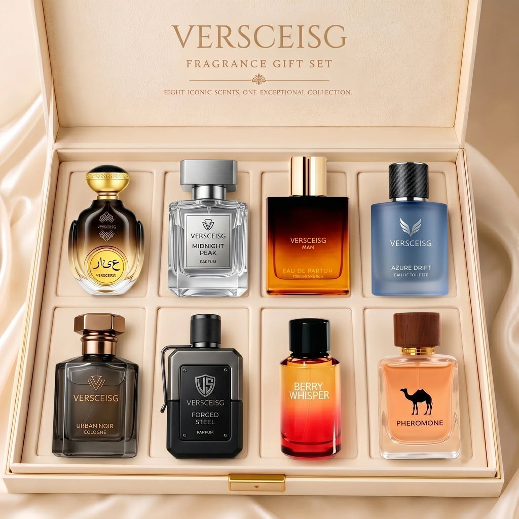 A luxury gift set containing eight different men's fragrance bottles in a beige presentation box.