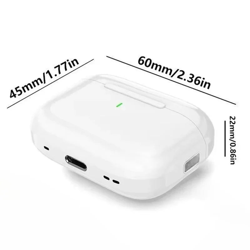 White wireless earbud charging case with dimension measurements
