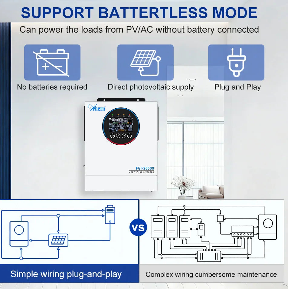 White hybrid solar inverter shown in a room with a comparative diagram of simple versus complex wiring