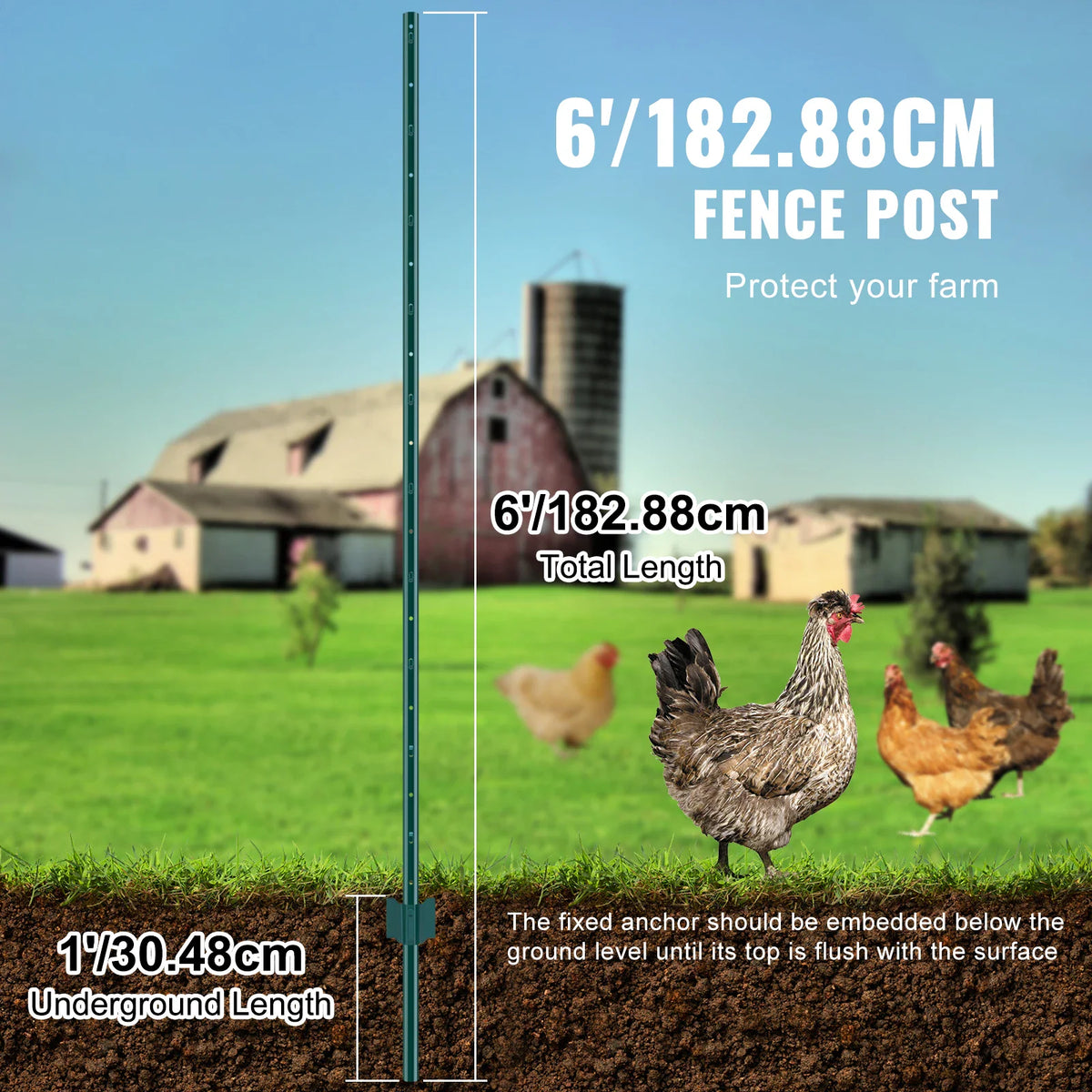 Green fence post installed in ground with chicken in background and measurement labels