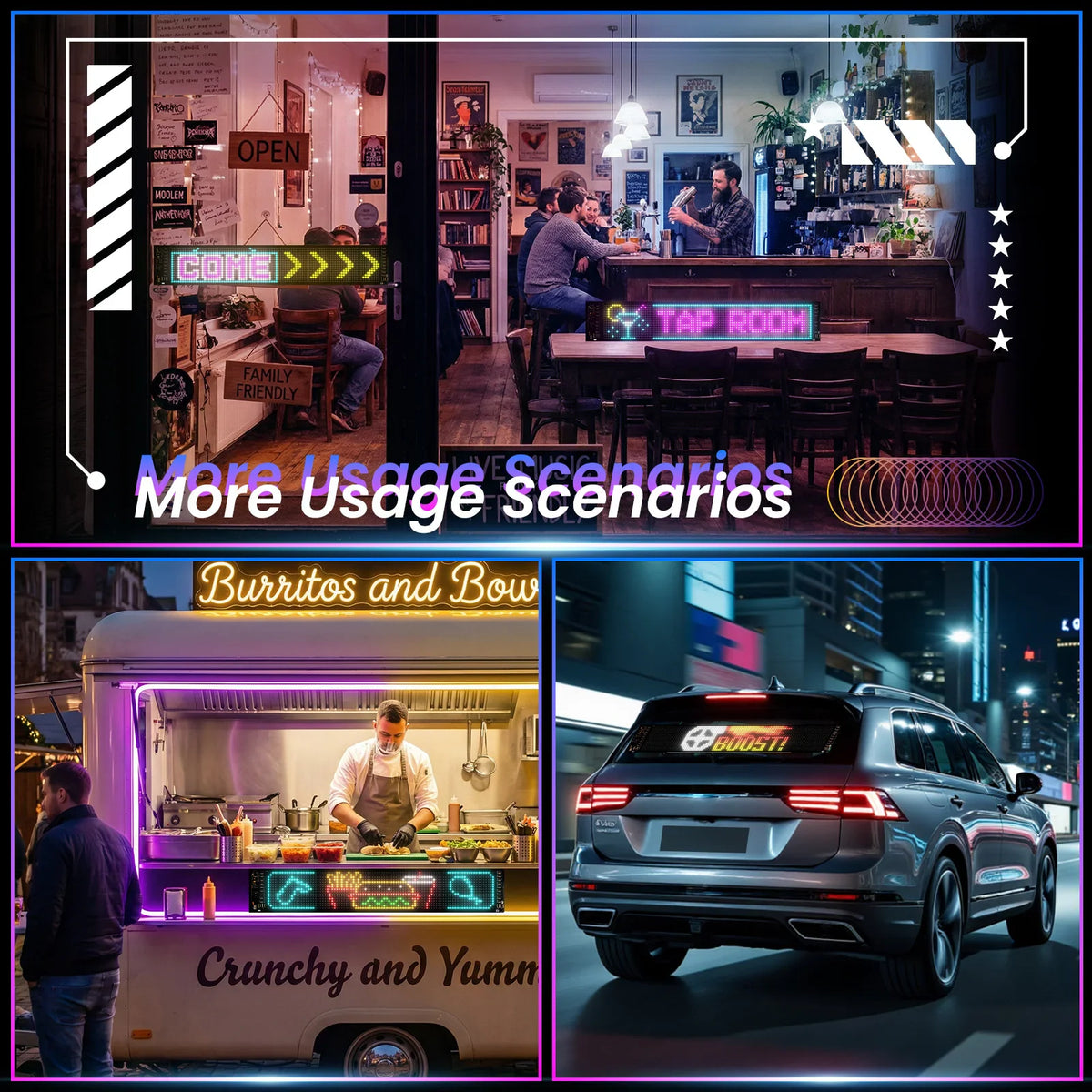 Collage of different usage scenarios for a flexible LED display in a cafe, food truck and car window