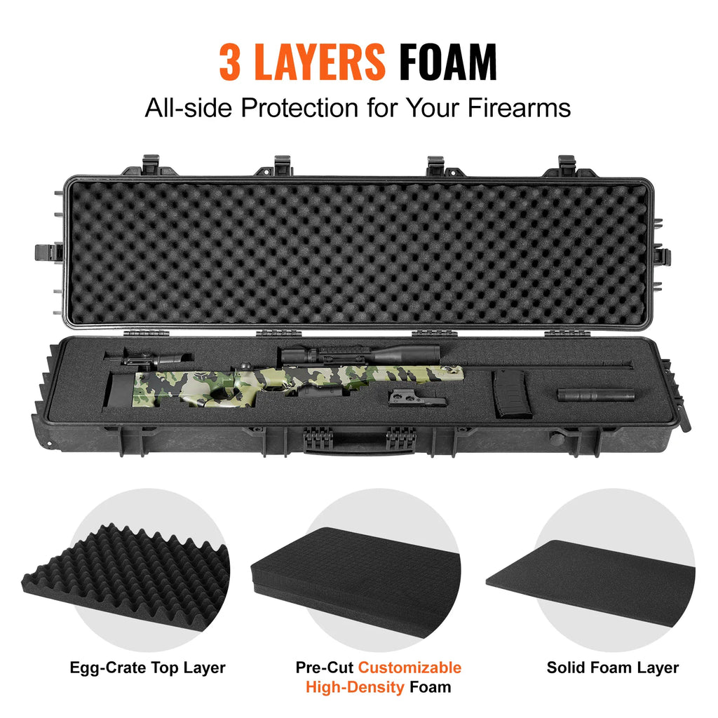 Hard gun case with three layers of foam protection for a rifle