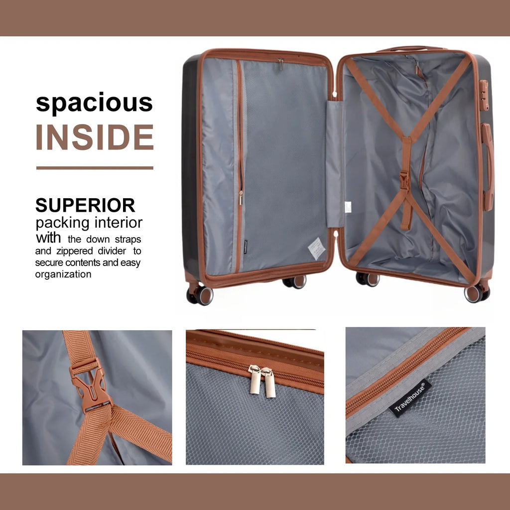 The interior of a luggage case showing the packing compartment, down straps, and zippered divider.