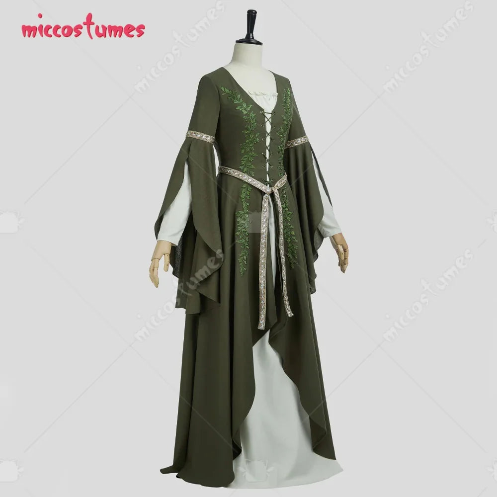 Side view of an olive green medieval renaissance fairy cosplay dress with lace-up detail and embroidery